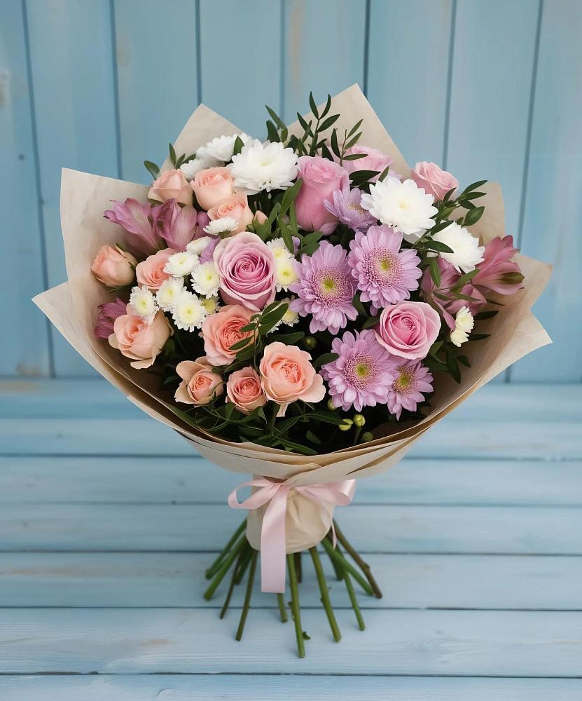 Букет цветов из: Хризантемы, Розы и Альстромерии в Новомосковске
