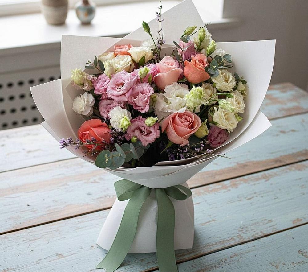 Букет цветов из: Розы, Лизиантусы и Гвоздики в Новомосковске