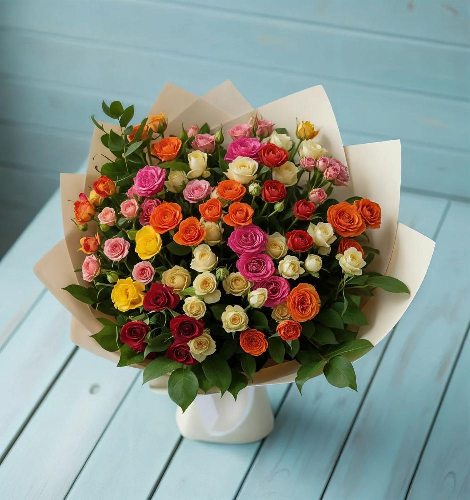 Букет Микс из разноцветных кустовых роз в Новомосковске