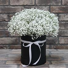 Цветочная композиция из Гипсофила в шляпной коробке в Новомосковске