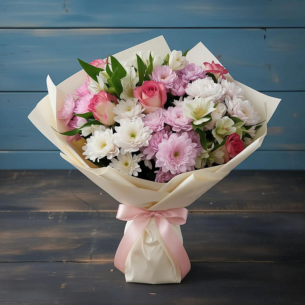 Букет цветов из: Хризантемы, Альстромерии и Розы в Новомосковске